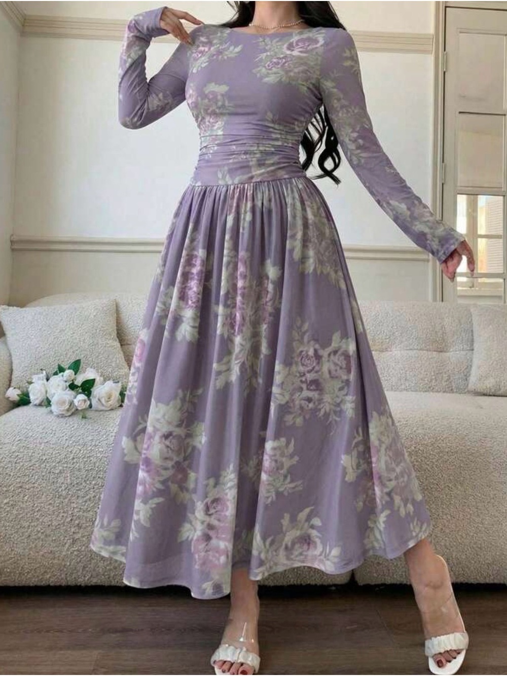 Elegant Lavender Floral Long-Sleeve Midi Dress
